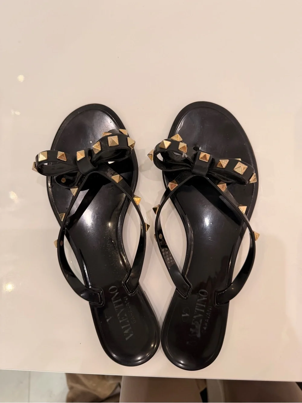 Valentino Black Jelly Bow Sandals with Gold Rockstuds